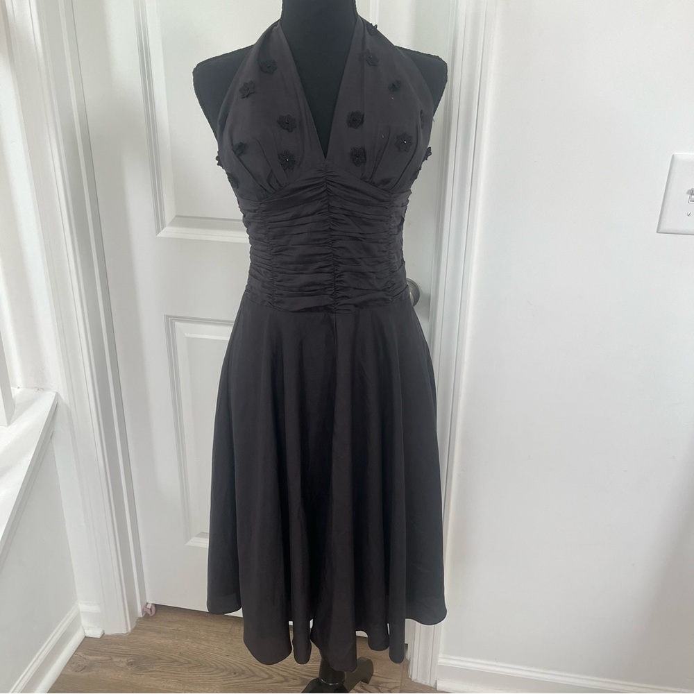 Philip DeCaprio Fit and Flare Black floral Halter Dress‎ Size 2 Silk Vintage